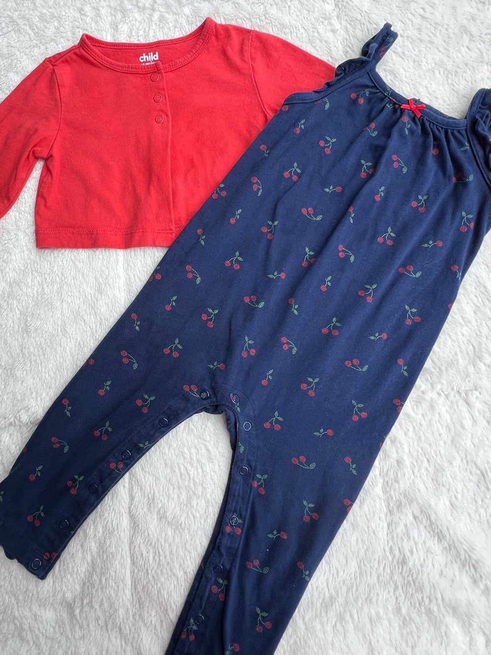 CARTERS - Toddler Girls' Navy Cherry Print Romper with Red Cardigan Pajama Set